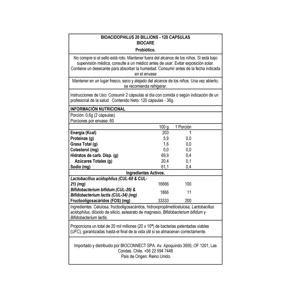 Bioacidophilus 20B 120 cápsulas - BIOCARE